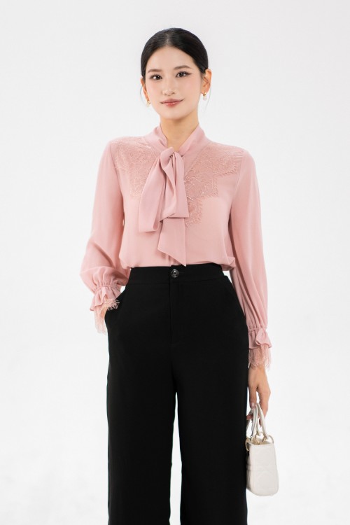 Sixdo Light Pink Bowtie Chiffon Shirt